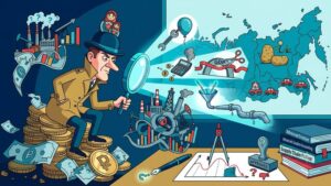 Современная редакционная иллюстрация с набором инструментов для экономического сатирика в футуристическом стиле 2026 года